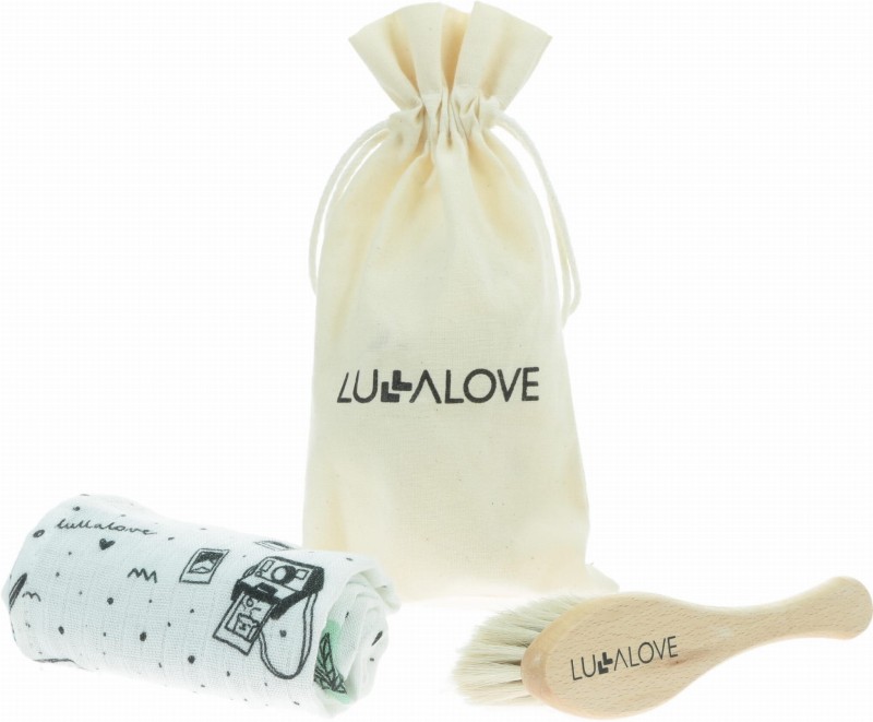 Delikatna szczotka z koziego włosia + myjka Miś podróżnik - Lullalove