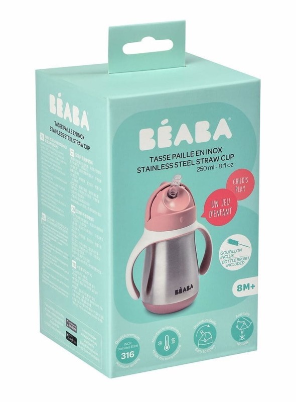Butelka stalowa, kubek niekapek ze słomką 250 ml róż - Beaba