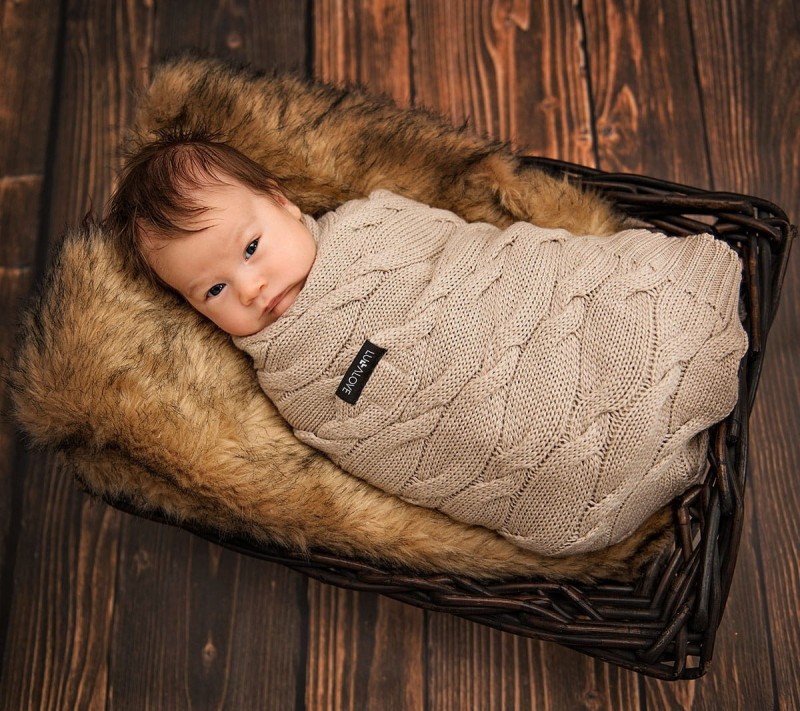 Kocyk z Wełny Merino 80x100 cm Beżowy Warkocz - Lullalove