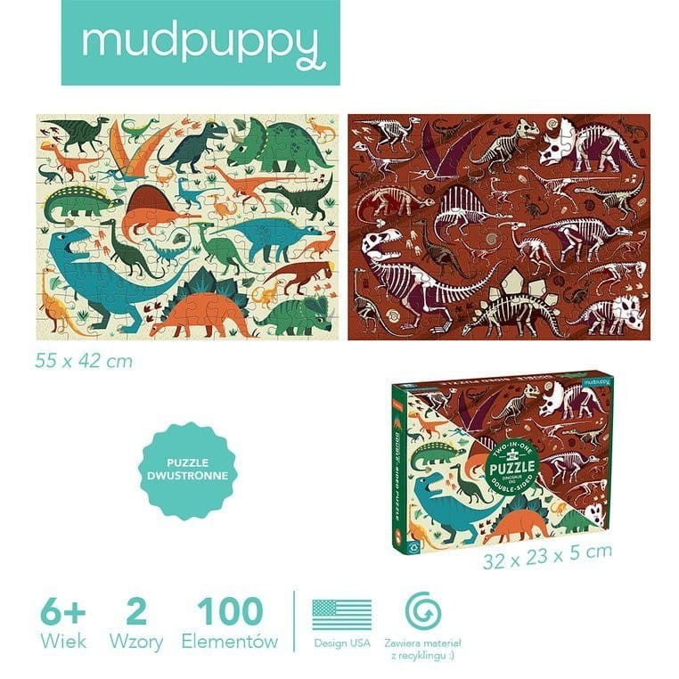 Dwustronne Puzzle Dinozaury 100 el. - Mudpuppy