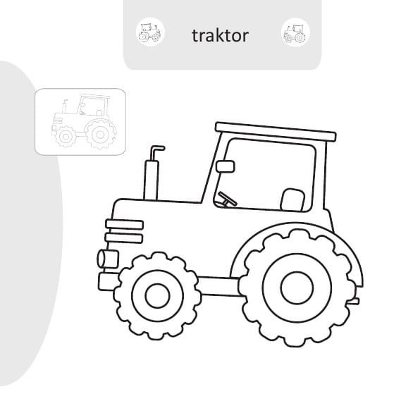 Malowanie-doklejanie. Pojazdy na wsi. Kolorowanka z Naklejkami