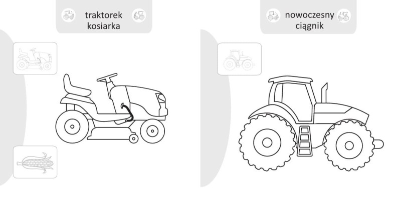 Malowanie-doklejanie. Pojazdy na wsi. Kolorowanka z Naklejkami