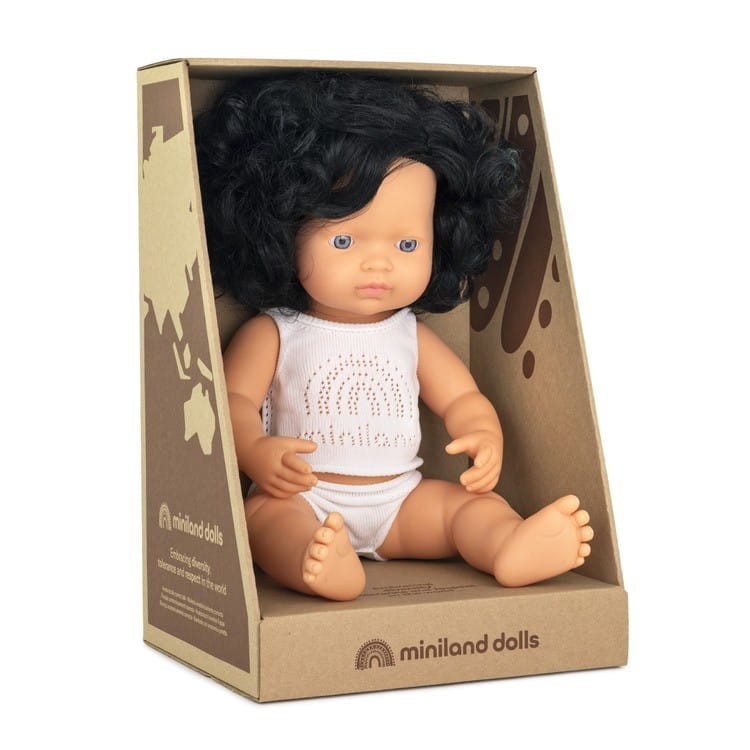 Pachnąca Lalka Dziewczynka Europejka Czarne Kręcone Włosy 38cm - Miniland Doll