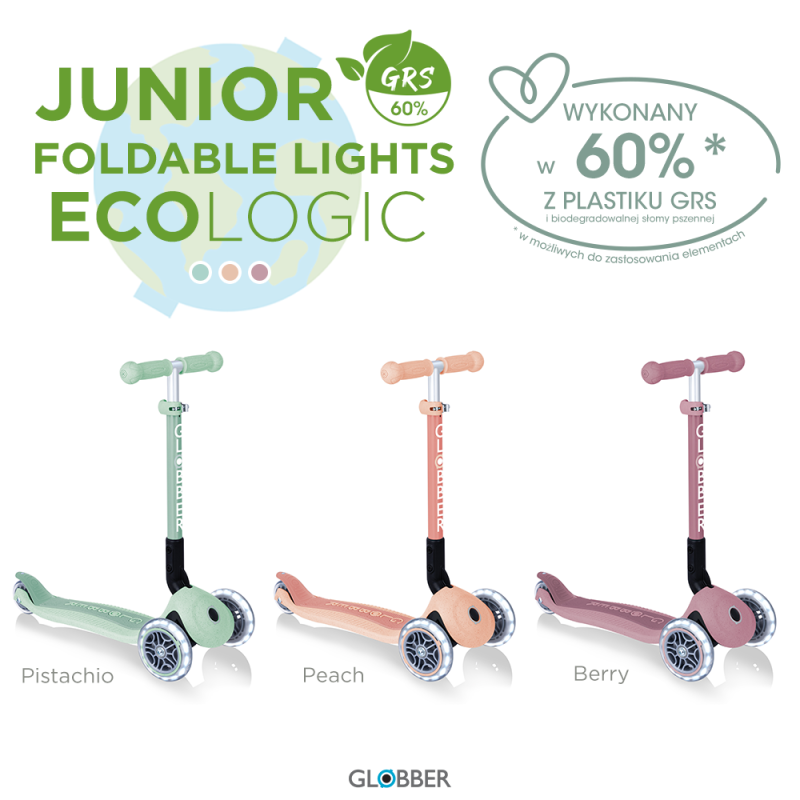 Hulajnoga Globber Junior ECOLOGIC Trójkołowa Świecące Kółka Berry
