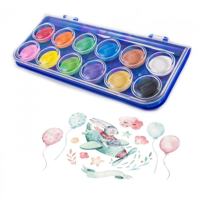 Farby akwarelowe z pędzelkiem 12 kolorów Kidea