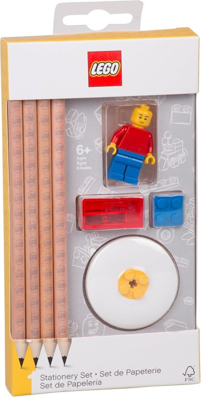 Lego zestaw szkolny: 4 ołówki, temperówka, gumka + ludzik i klocek