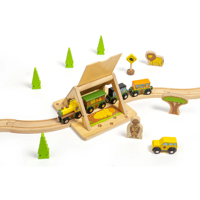 Drewniany tunel - namiot safari z figurką Bigjigs Rail