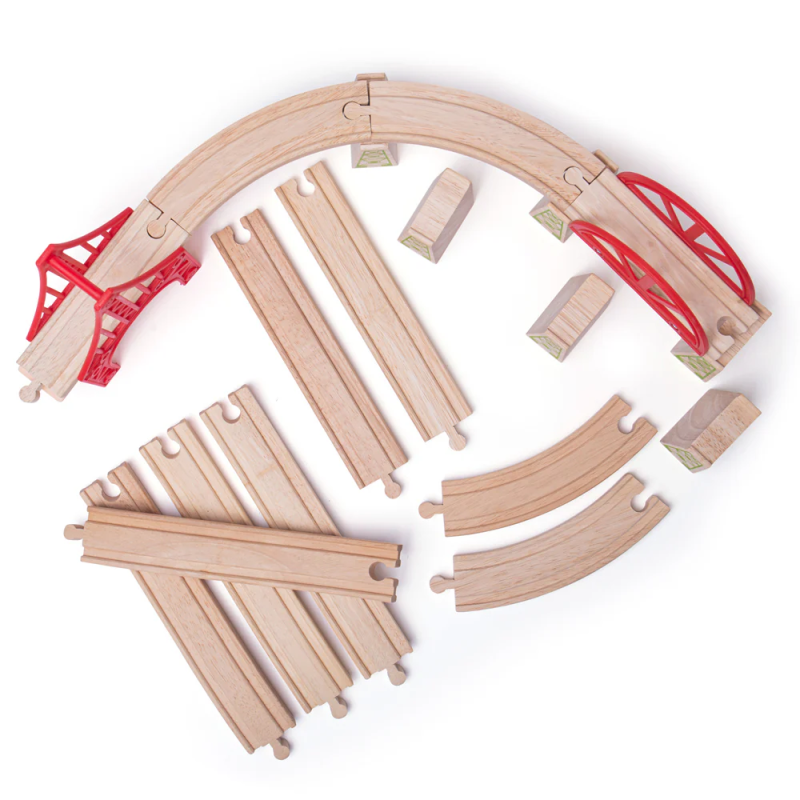 Drewniane tory kolejowe, mosty, podpory, proste, zakręty 18 el. Bigjigs Rail