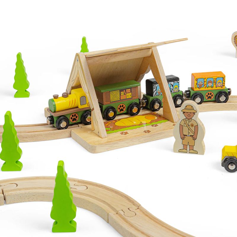Drewniany tunel - namiot safari z figurką Bigjigs Rail