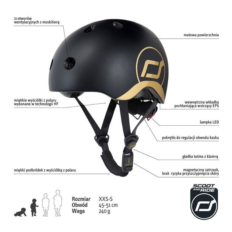 Ultralekki Kask Ochronny z Lampką LED na Hulajnogę i Rower  dzieci 1-5 lat Black & Gold - Scoot & Ride