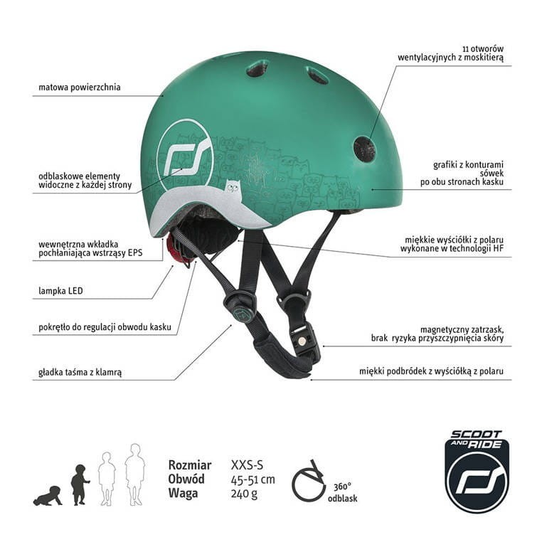 Kask z Odblaskami i Lampką LED Ultralekki na Hulajnogę i Rower  dzieci 1-5 lat Forest Owl - Scoot & Ride