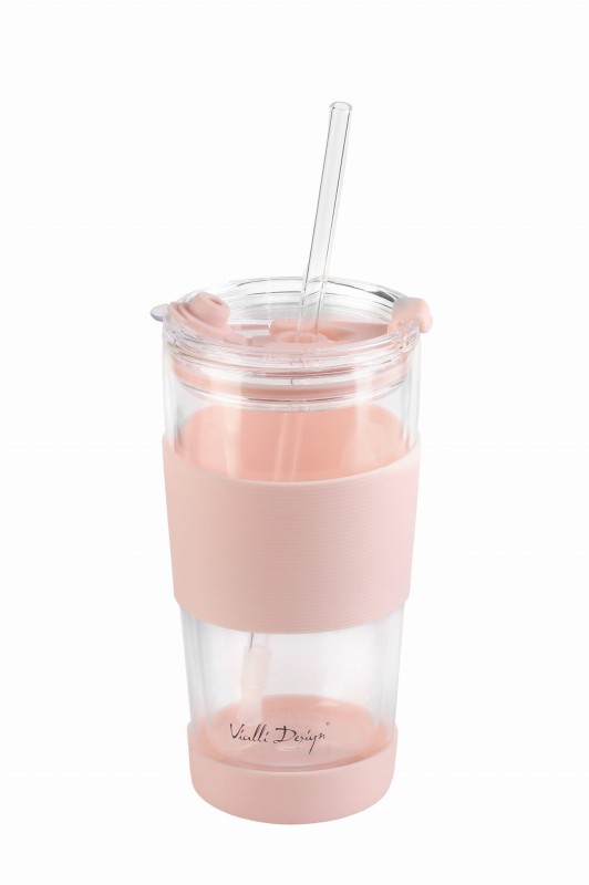 Szklany kubek termiczny ze słomką 600 ml różowy Fuori Vialla Design