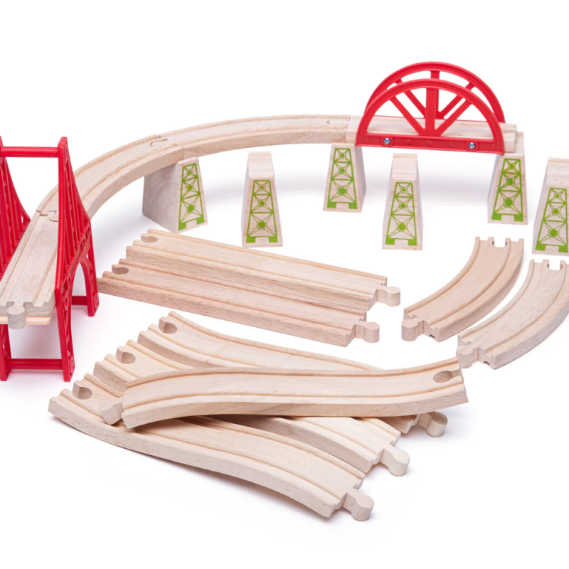 Drewniane tory kolejowe, mosty, podpory, proste, zakręty 18 el. Bigjigs Rail