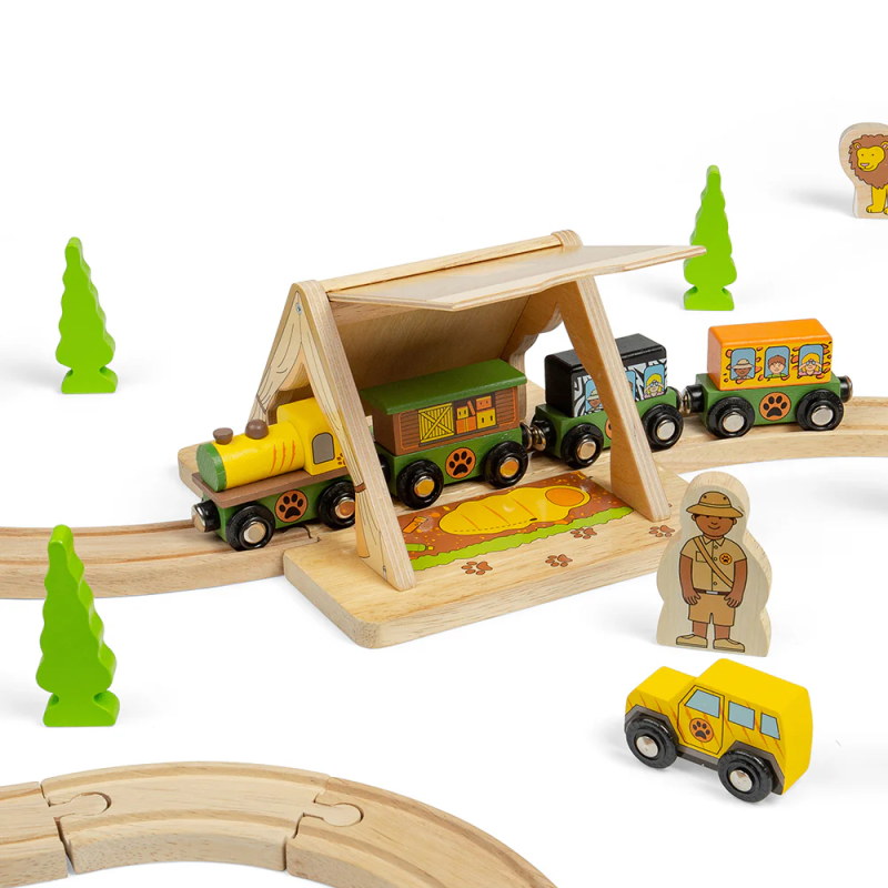 Drewniany tunel - namiot safari z figurką Bigjigs Rail