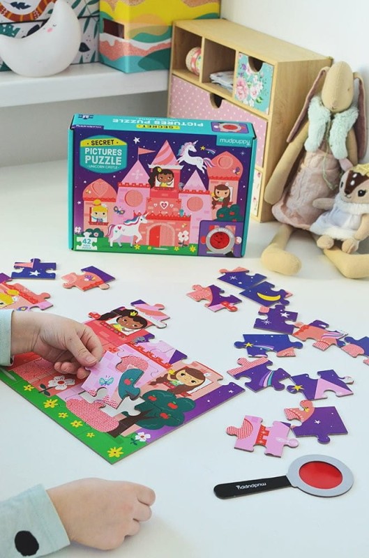 Puzzle z lupą i ukrytymi elementami Zamek jednorożca 42el. - Mudpuppy