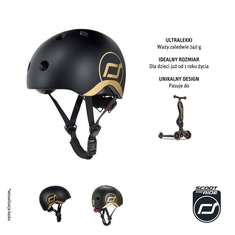 Ultralekki Kask Ochronny z Lampką LED na Hulajnogę i Rower  dzieci 1-5 lat Black & Gold - Scoot & Ride