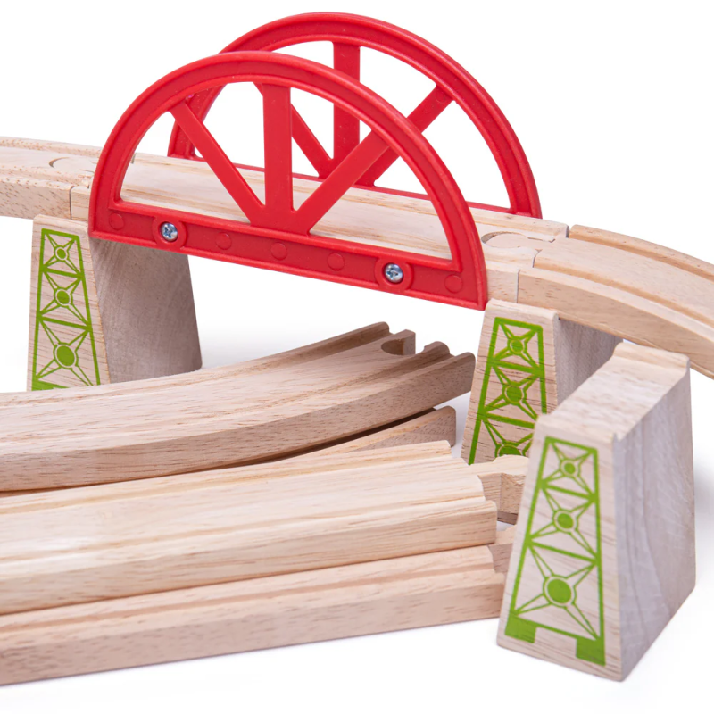 Drewniane tory kolejowe, mosty, podpory, proste, zakręty 18 el. Bigjigs Rail