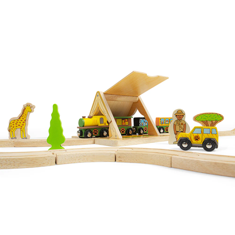 Drewniany tunel - namiot safari z figurką Bigjigs Rail