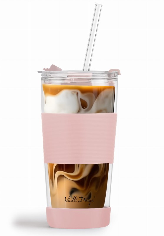 Szklany kubek termiczny ze słomką 600 ml różowy Fuori Vialla Design
