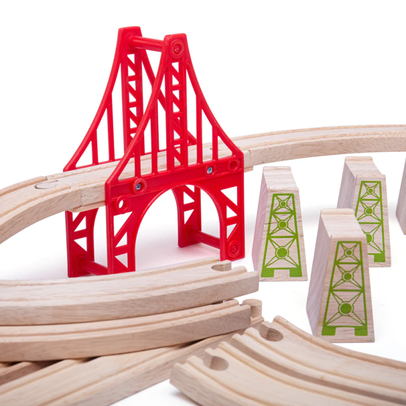 Drewniane tory kolejowe, mosty, podpory, proste, zakręty 18 el. Bigjigs Rail