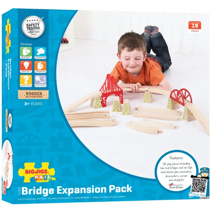 Drewniane tory kolejowe, mosty, podpory, proste, zakręty 18 el. Bigjigs Rail
