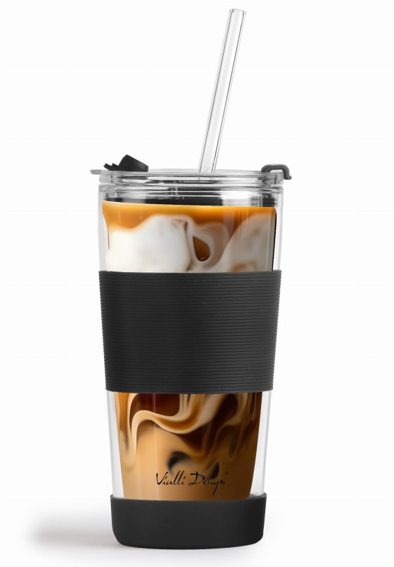 Szklany kubek termiczny ze słomką 600 ml czarny Fuori Vialla Design