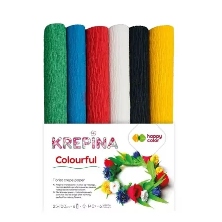 Krepina marszczona 6 kolorów 25x100cm 6 rolek Happy Color