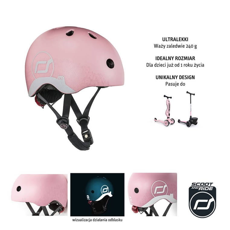 Kask z Odblaskami i Lampką LED Ultralekki na Hulajnogę i Rower  dzieci 1-5 lat Rose Cat - Scoot & Ride