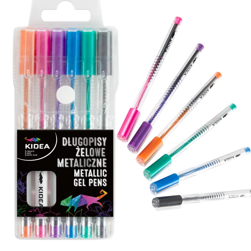 DŁUGOPISY ŻELOWE METALICZNE A 6 KOLORÓW KIDEA DZMA6KA, EAN 5906601706776 Zestaw 6 długopisów żelowych o pięknych, metalicznych barwach, od delikatnych różów przez fiolety, aż po srebro. Idealne do szkiców, notatek,.png