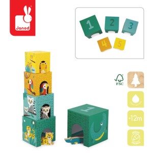 Janod Piramida wieża 5 kostek z drewnianymi figurkami Zwierzęta Egzotyczne
