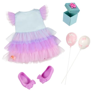 Sukienka urodzinowa, balony i akcesoria dla lalki 46 cm Our Generation