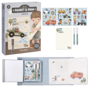 Little Dutch książeczka magnetyczna kreatywna Jim & Friends z magnesami, pisakami pojazdy
