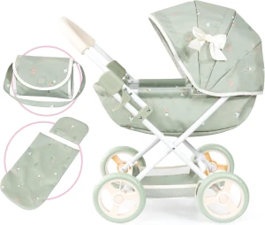Wózek dla lalek gondola, torba pościel zielony kwiatki Cosy Bayer Design