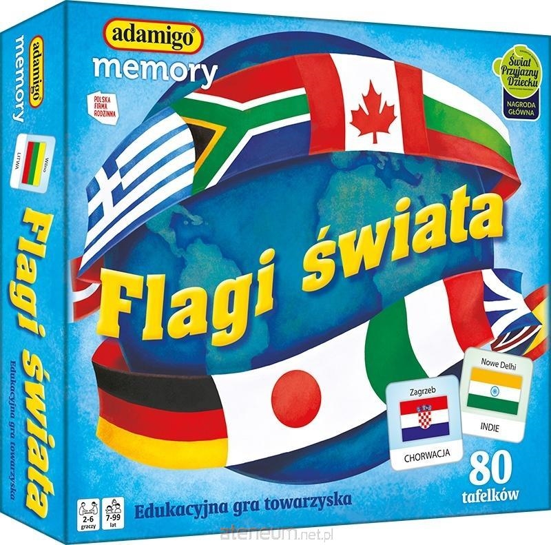 Memory Flagi Świata – gra edukacyjna pamięciowa, 80 kartoników, 40 par, nauka geografii i flag państw Adamigo 