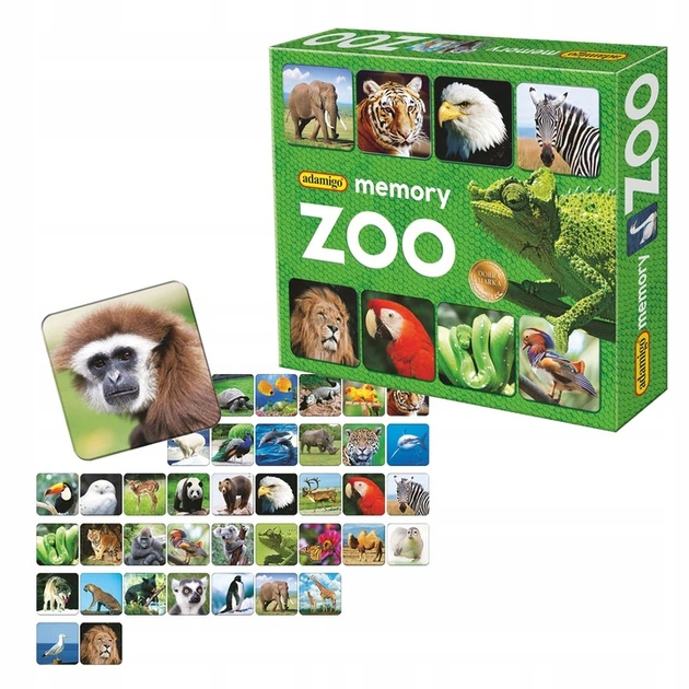 Adamigo Memory ZOO – gra edukacyjna pamięciowa dla dzieci, 80 kartoników, 40 par, zwierzęta z całego świata