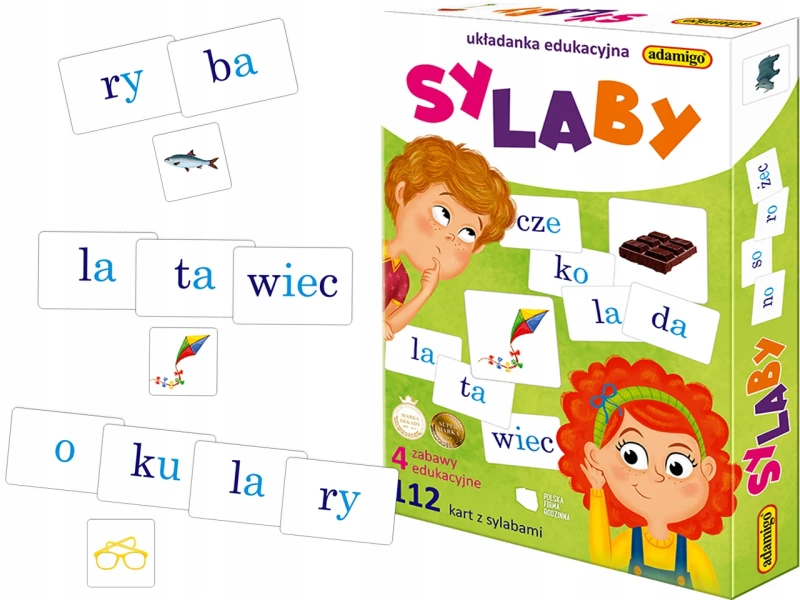 Sylaby – układanka edukacyjna do nauki czytania i pisania, 112 kart Adamigo
