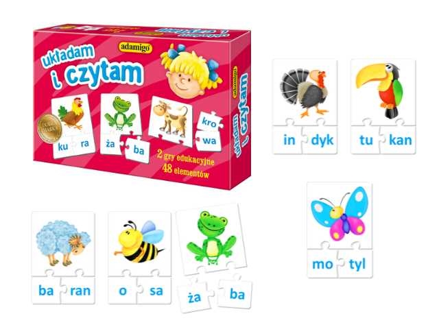 Układam i czytam – puzzle edukacyjne do nauki czytania, 48 elementów Adamigo